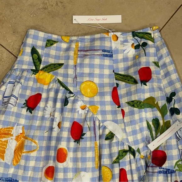 NWT Lisa Says Gah Maeve Midi Skirt Picnic Alfresco Gingham Blue Fruit Vegetable - Picture 3 of 7